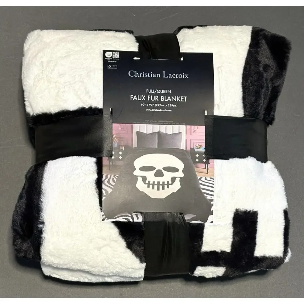 Christian Lacroix Full / Queen Faux Fur Blanket Skull Skeleton Halloween Goth - Picture 12 of 13